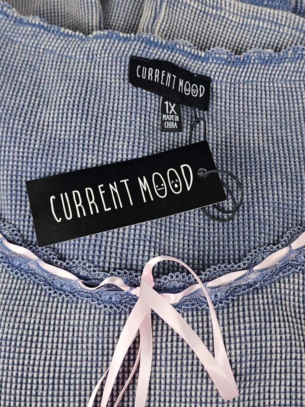 Dolls Kill Current Mood 1X Blue Thermal Girly 90's Y2K Mini Dress Pink Ribbon - Picture 5 of 6